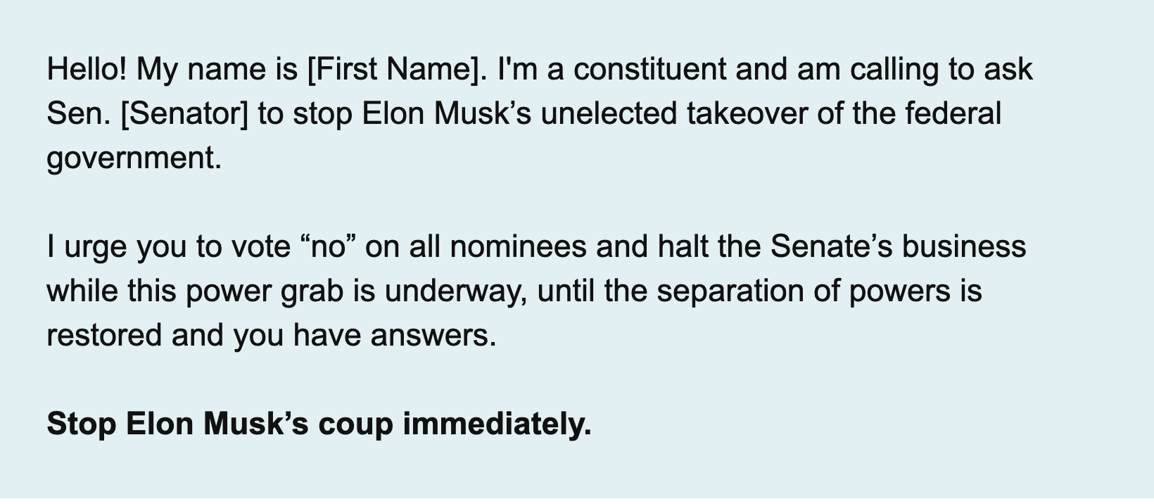 A script people can use when calling on their senators to stop Elon Musk's takeover of the federal government