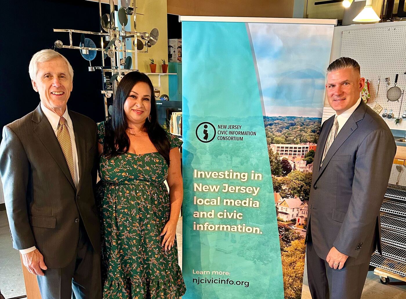 New Jersey Civic Information Consortium Interim Executive Director Chris Daggett, Free Press Action’s Vanessa Maria Graber and New Jersey Assembly Majority Leader Louis Greenwald, primary sponsor of the bill that created the nonprofit