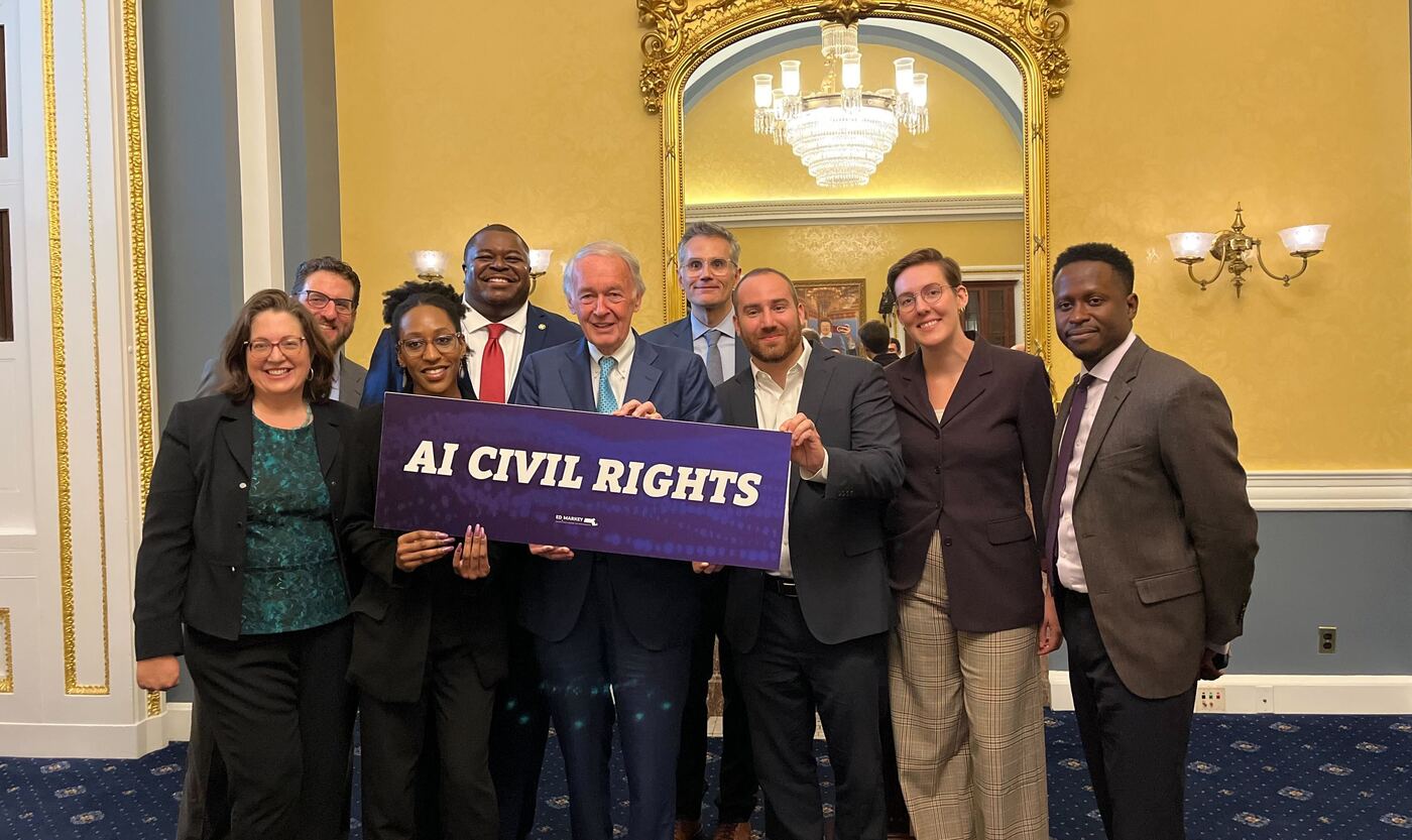 Free Press Action staff and allies with Sen. Ed Markey at introduction of AI Civil Rights Act bill