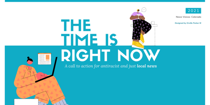 "The Time Is Right Now: A call to action for antiracist and just local news" juxtaposed with images of people using laptops and phones