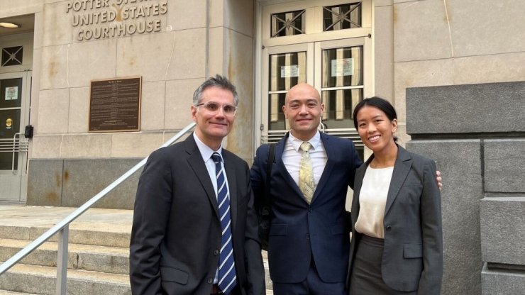 Free Press’ Matt Wood and Yanni Chen flank Daniel Woofter outside the 6th Circuit Court of Appeals